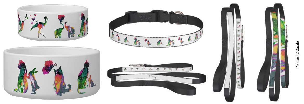 Visuel présentant des accessoires à motifs pour animaux de compagnie dérivés des peintures Eliora Bousquet