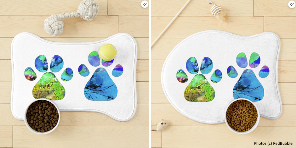 Modèles de tapis à gamelles pour chiens et chats dérivés des peintures d'Eliora Bousquet