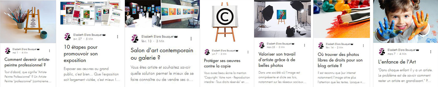 Visuel présentant des articles du blog d'Eliora Bousquet (conseils aux artistes)