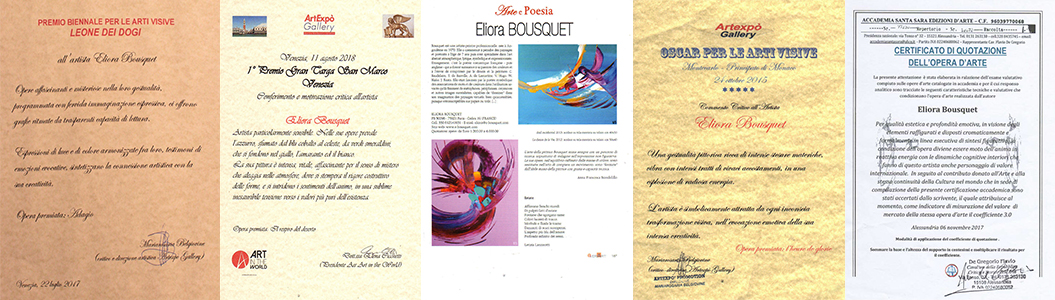 Visuel présentant quelques critiques professionnelles du travail de l'artiste-peintre Eliora Bousquet
