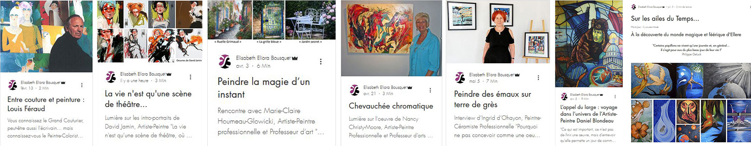 Visuel présentant des articles et interviews du blog d'Eliora Bousquet (portraits d'artistes)
