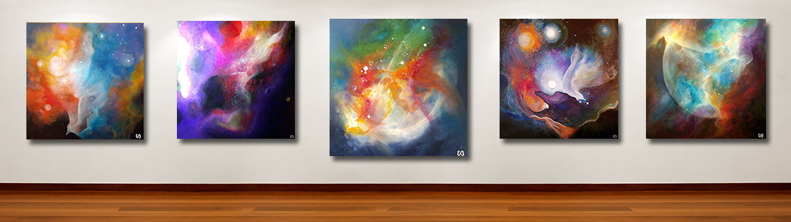 Eliora Bousquet's paintings from the collection Celestial Visions on a gallery wall