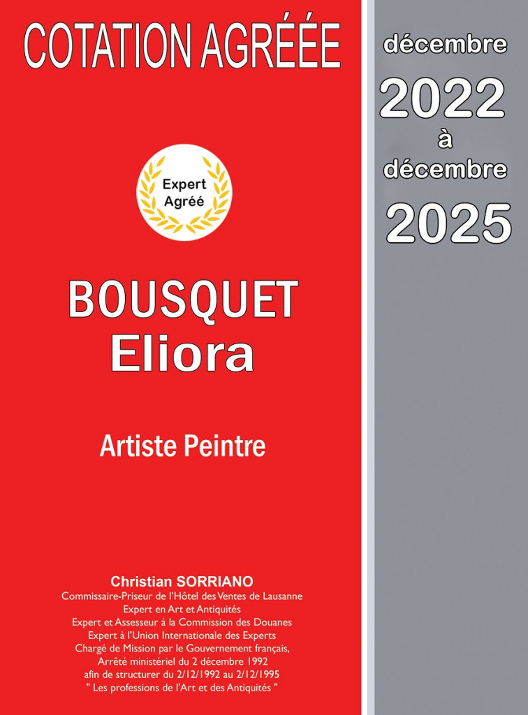 Couverture de la cotation agréée de l'Artiste-Peintre Eliora Bousquet 2022-2025
