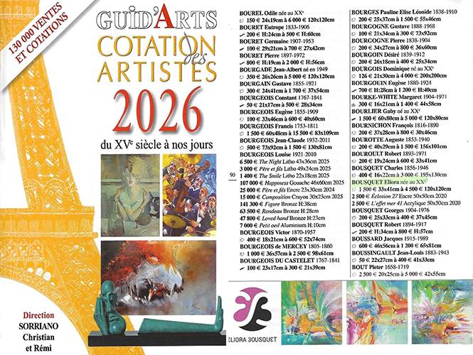 Dictionnaire Guid'arts des artistes cotés 2026 dont Eliora Bousquet