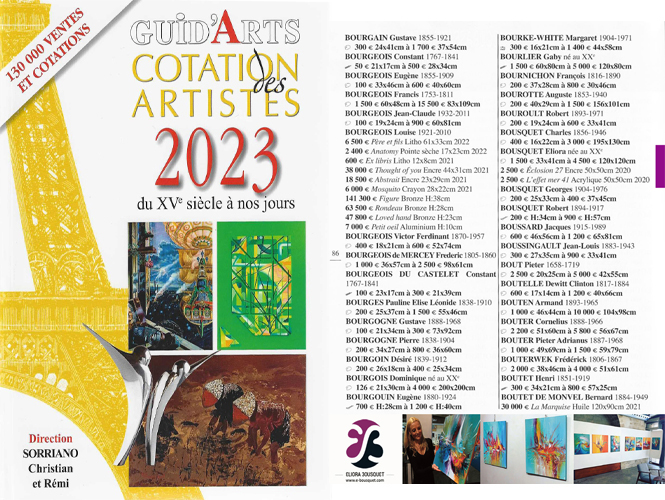 Visuel présentant le dictionnaire de cotation d'artistes Guid’Arts 2023 avec Eliora Bousquet (p86)