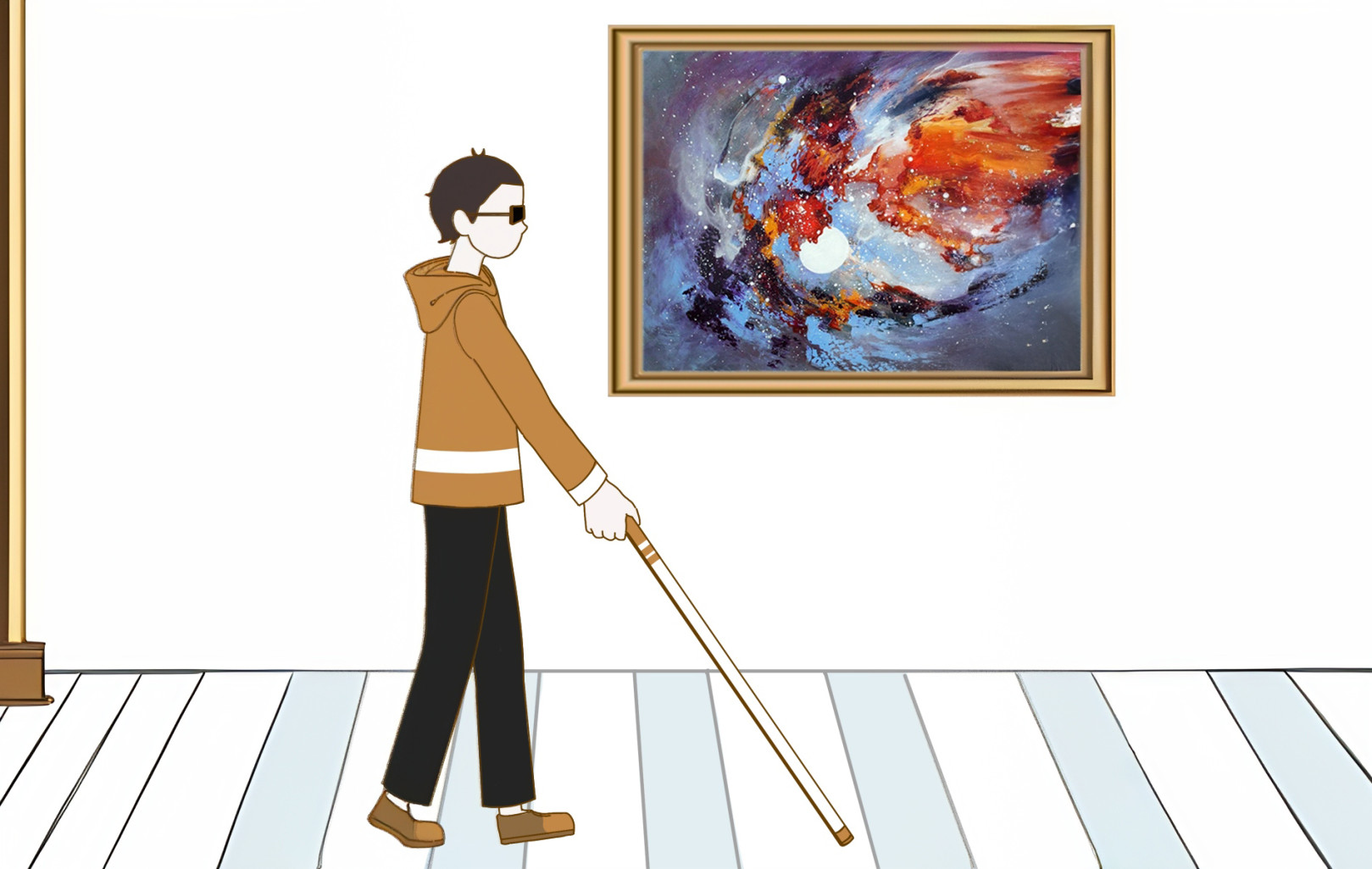 Illustration suggérant un malvoyant visitant une exposition de peinture (c) PngTree