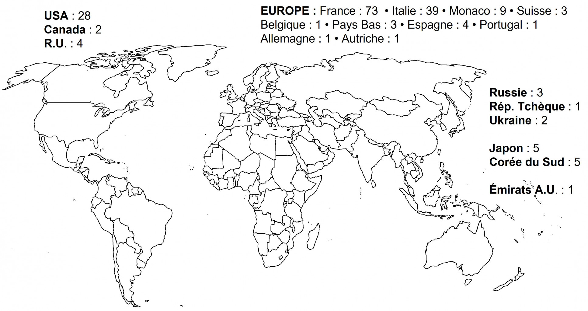 Carte du monde affichant le nombre d'expositions de peinture internationales d'Eliora Bousquet