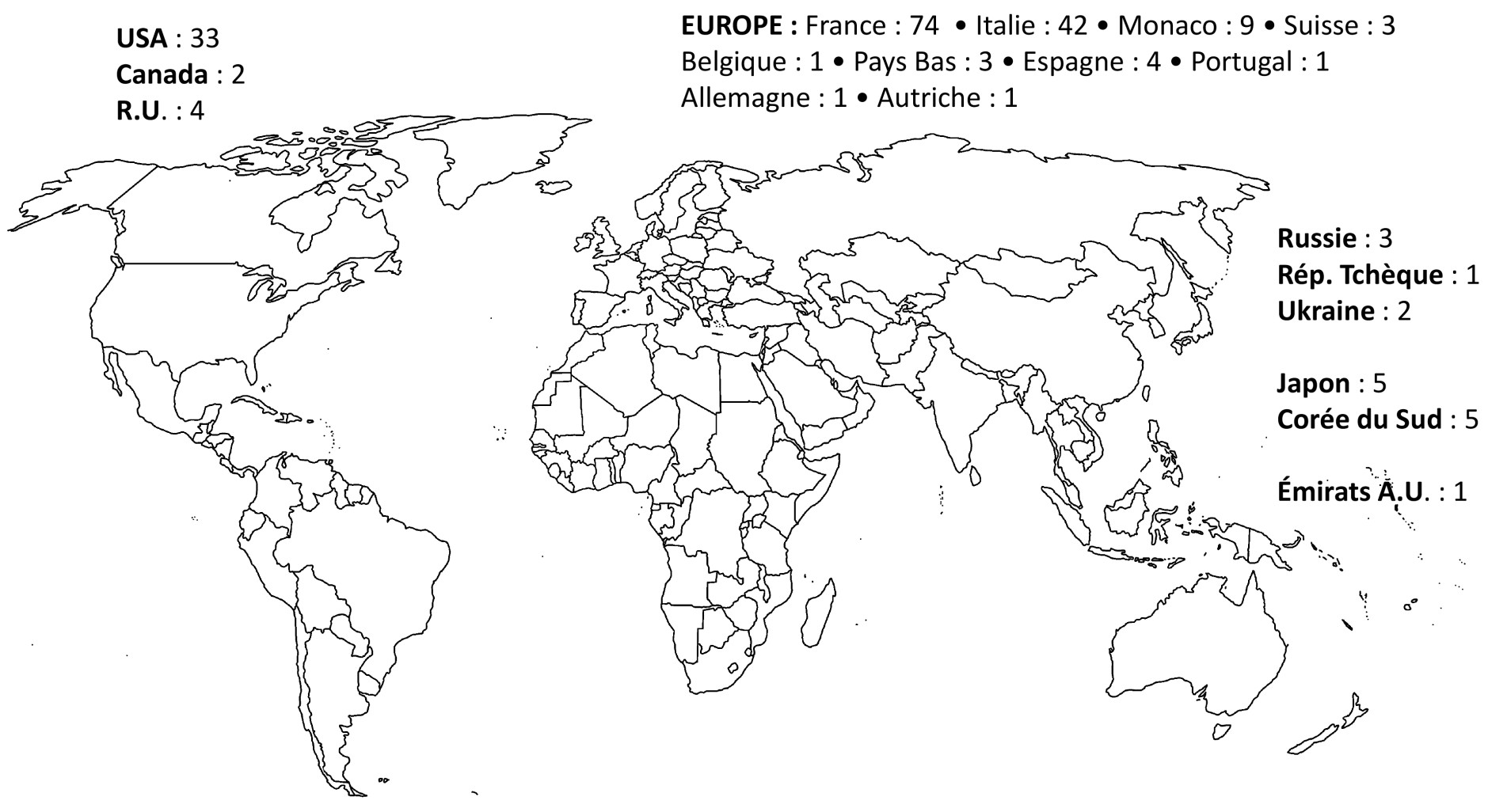 Carte du monde affichant le nombre d'expositions de peinture internationales d'Eliora Bousquet