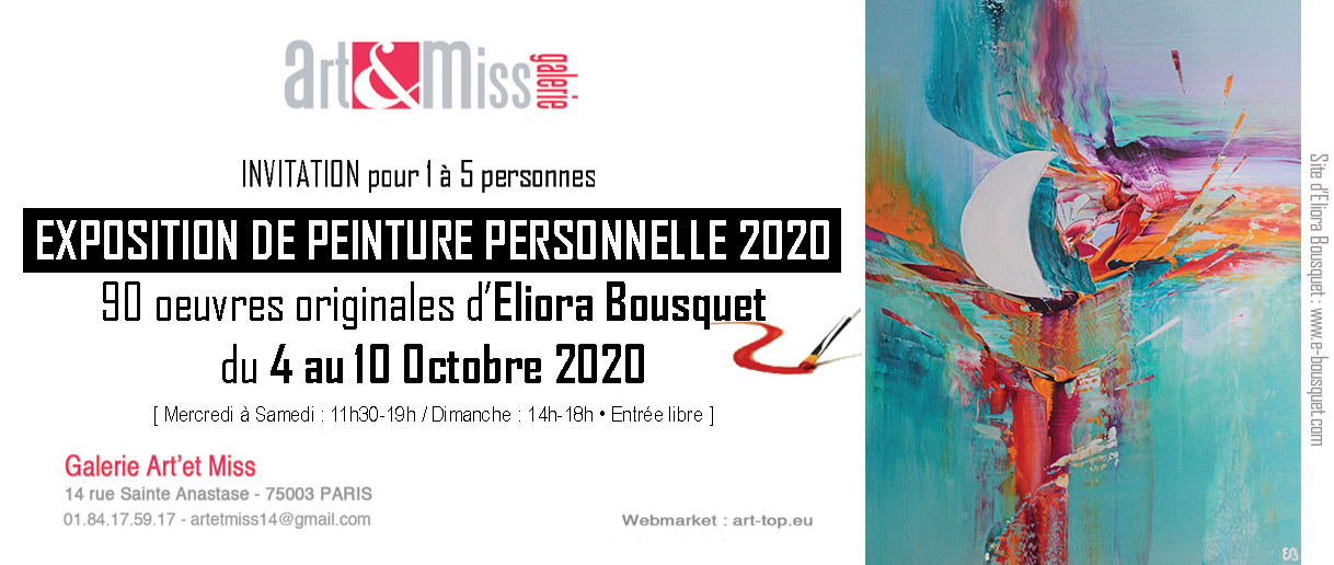 Carton d'invitation à l'exposition des peintures personnelle 2020 d'Eliora Bousquet