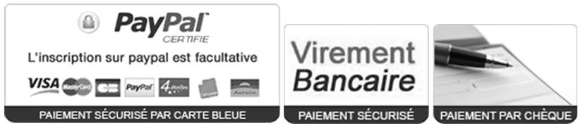 Visuel présentant les modes de paiement acceptés sur le site www.e-bousquet.com. Paypal, chèque, carte et virement bancaires.