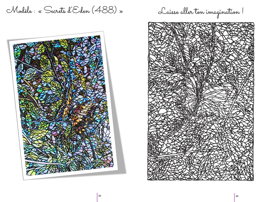 Pages 84-85 de l'album de coloriages Secrets d'Eden d'Eliora Bousquet