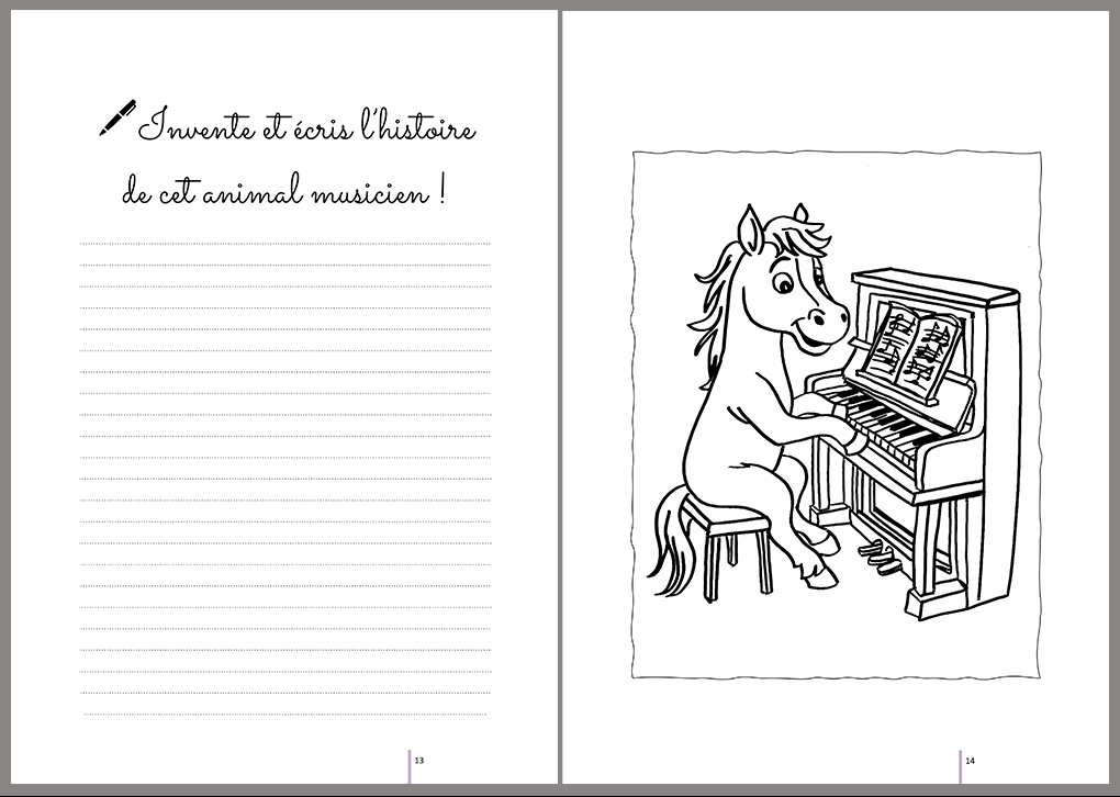 Album de coloriage Des animaux musiciens d'Elisabeth Eliora Bousquet p 13-14