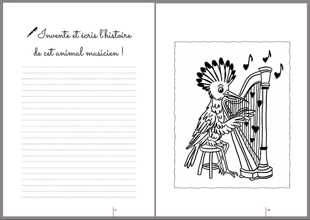 Album de coloriage Des animaux musiciens d'Elisabeth Eliora Bousquet p 9-10