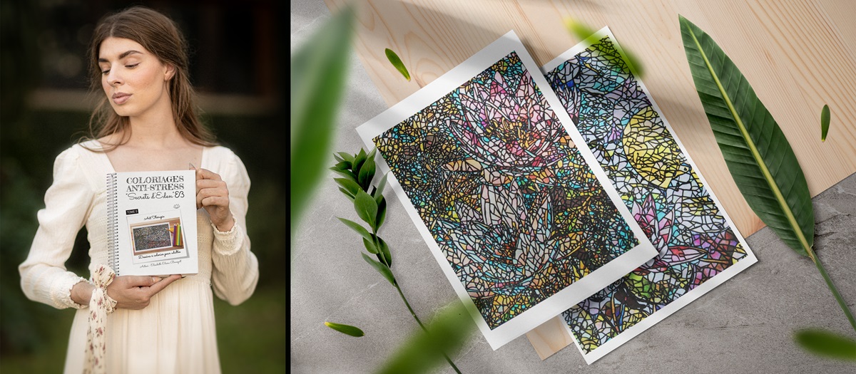 Photo-montage 2 présentant l'album de coloriages Secrets d'Eden Tome 5 d'Eliora Bousquet
