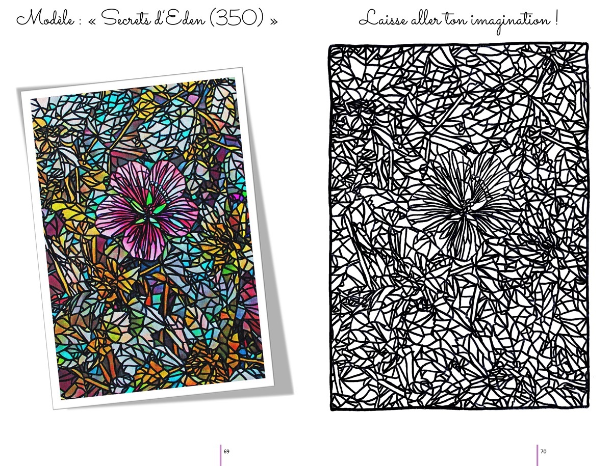 Photo-montage 5 présentant l'album de coloriages Secrets d'Eden Tome 6 d'Eliora Bousquet