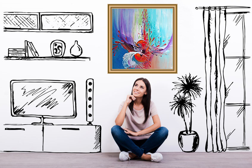 Visuel présentant un tableau d'Eliora Bousquet dans un décor virtuel pour promouvoir son offre de services de décoration intérieure