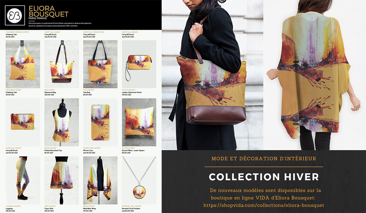 Visuel présentant la gamme de produits de mode pour femme dérivés du tableau L'épreuve du sable d'Eliora Bousquet