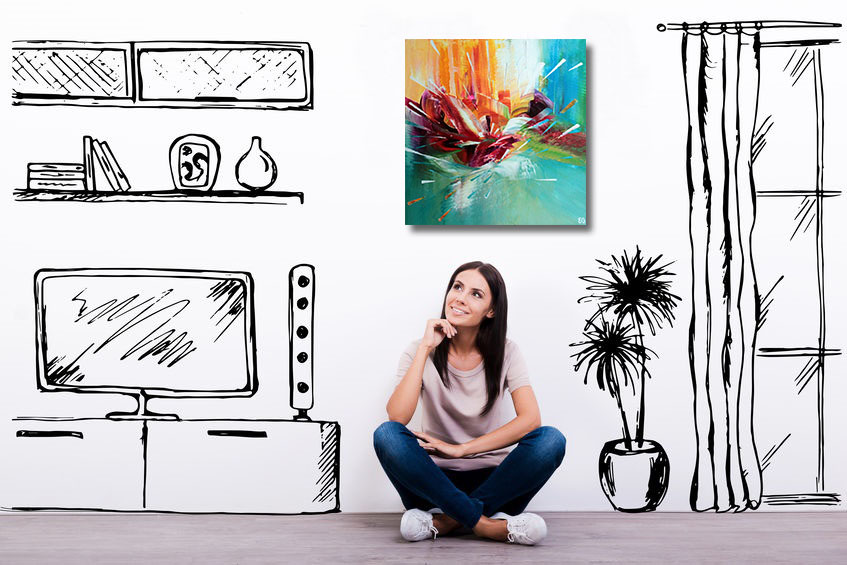 Visuel présentant un tableau d'Eliora Bousquet dans un décor virtuel pour promouvoir son offre de services de décoration intérieure
